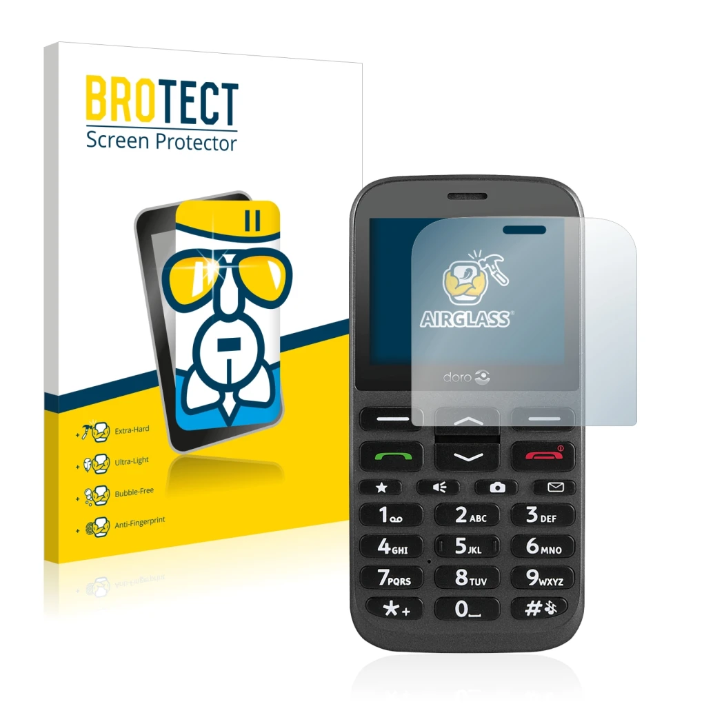 Front side of a product packaging with the brand logo BROTECT. Next to it is the device Doro 1370 shown with the corresponding