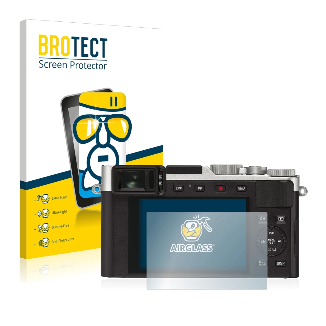 Front side of a product packaging with the brand logo BROTECT. Next to it is the device Leica D-Lux 7 shown with the correspon