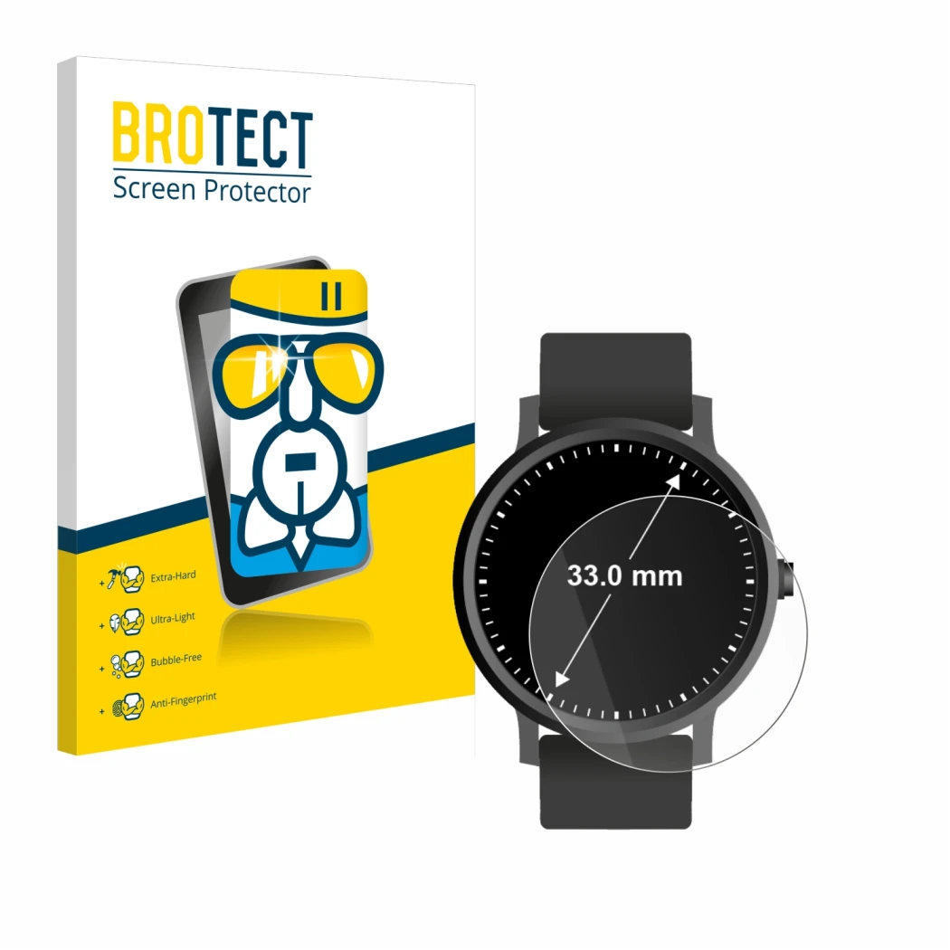 Front side of a product packaging with the brand logo BROTECT. Next to it is the device Circular Displays (ø: 33 mm) shown wit