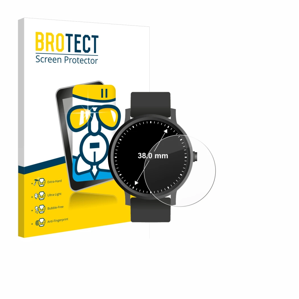 Front side of a product packaging with the brand logo BROTECT. Next to it is the device Circular Displays (ø: 38 mm) shown wit
