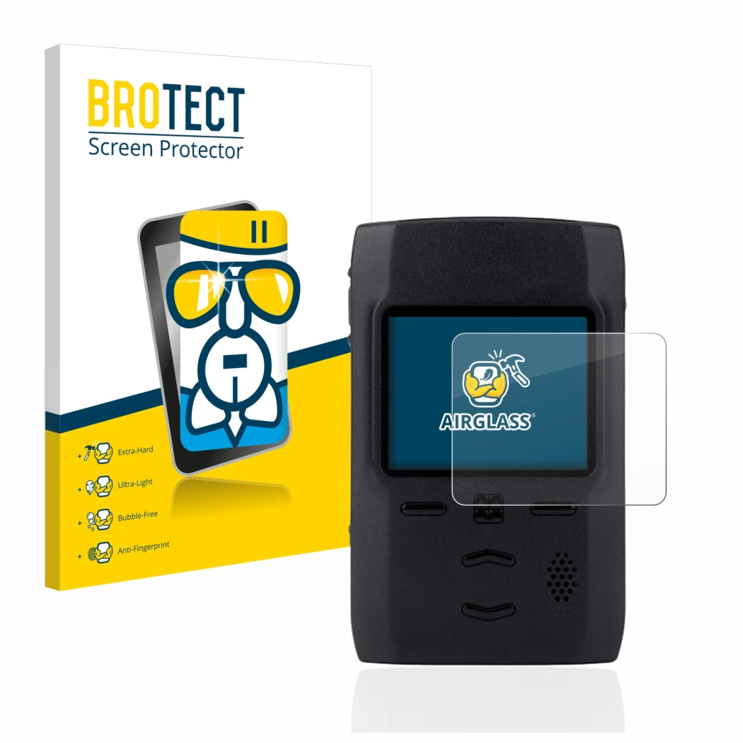 Front side of a product packaging with the brand logo BROTECT. Next to it is the device Motorola Advisor TPG2200 shown with th