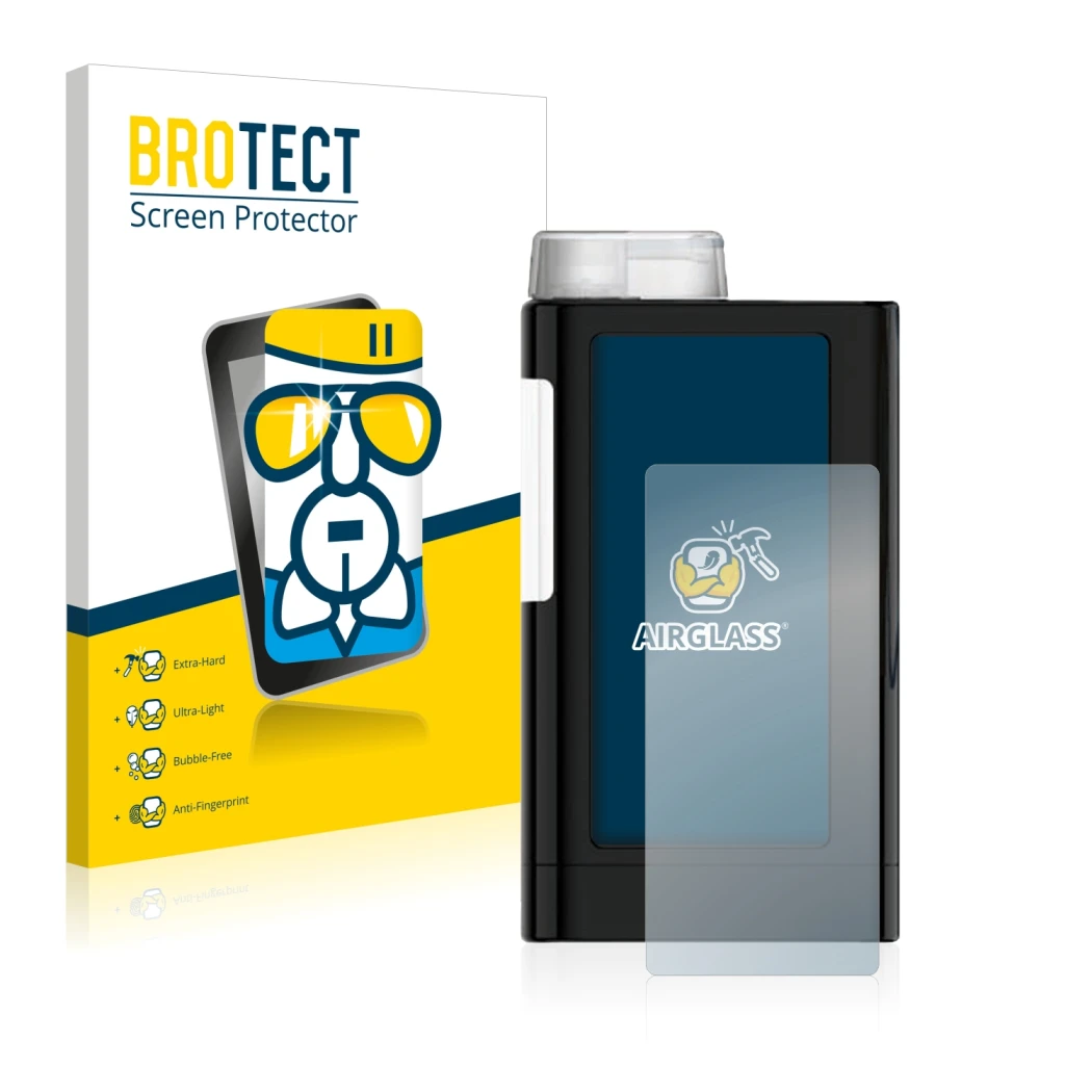 Front side of a product packaging with the brand logo BROTECT. Next to it is the device Mylife YpsoPump shown with the corresp