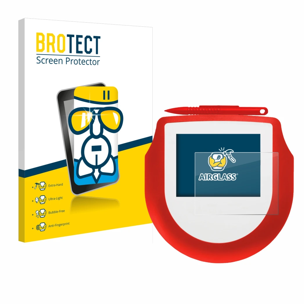 Front side of a product packaging with the brand logo BROTECT. Next to it is the device Signotec Signature Pad Omega NFC shown