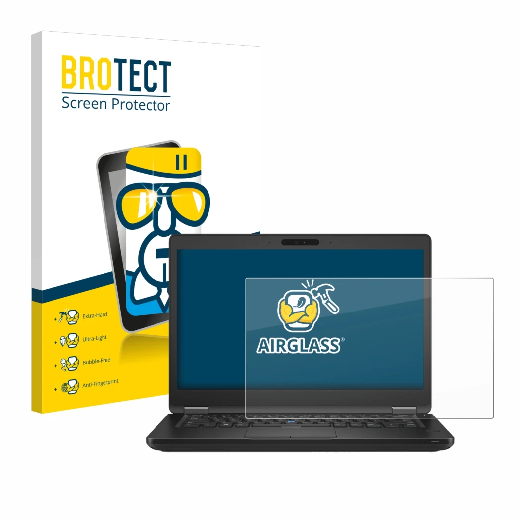 Front side of a product packaging with the brand logo BROTECT. Next to it is the device Dell Latitude 5490 Non-Touch shown wit