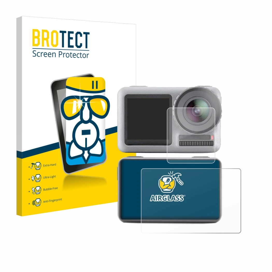 Front side of a product packaging with the brand logo BROTECT. Next to it is the device DJI Osmo Action shown with the corresp