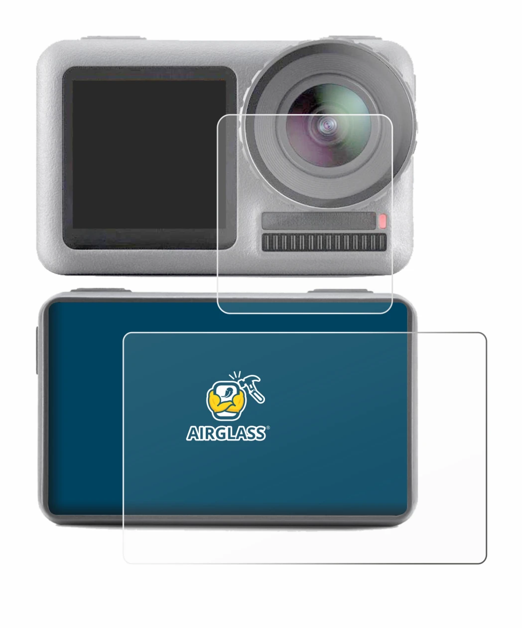 Image of the device DJI Osmo Action with a wide variety of screen protectors.