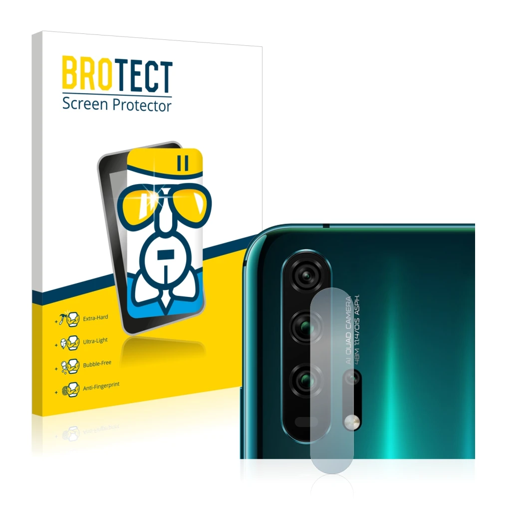 Front side of a product packaging with the brand logo BROTECT. Next to it is the device Honor 20 Pro (ONLY Camera Lens) shown
