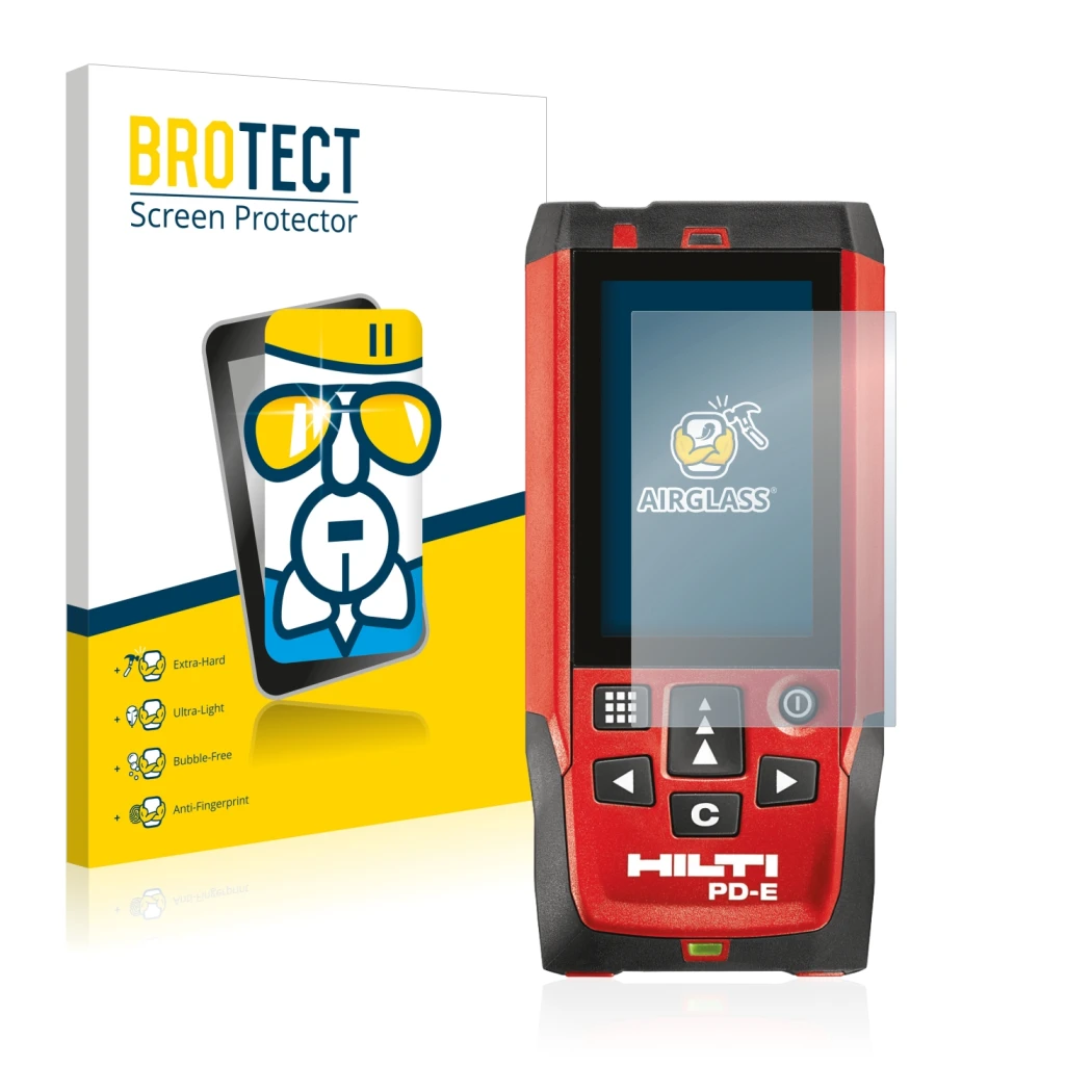 Front side of a product packaging with the brand logo BROTECT. Next to it is the device Hilti PD-E shown with the correspondin