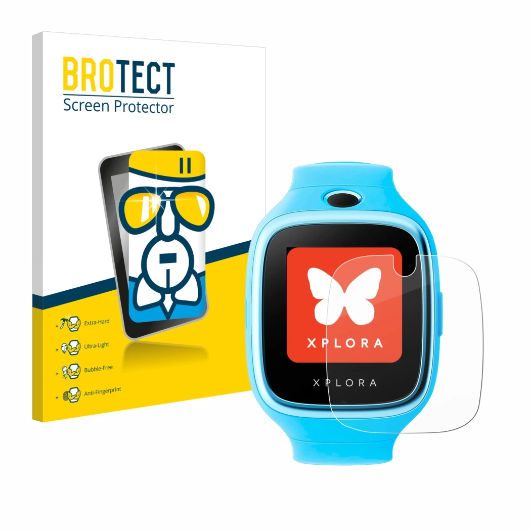 Front side of a product packaging with the brand logo BROTECT. Next to it is the device Xplora Go shown with the corresponding