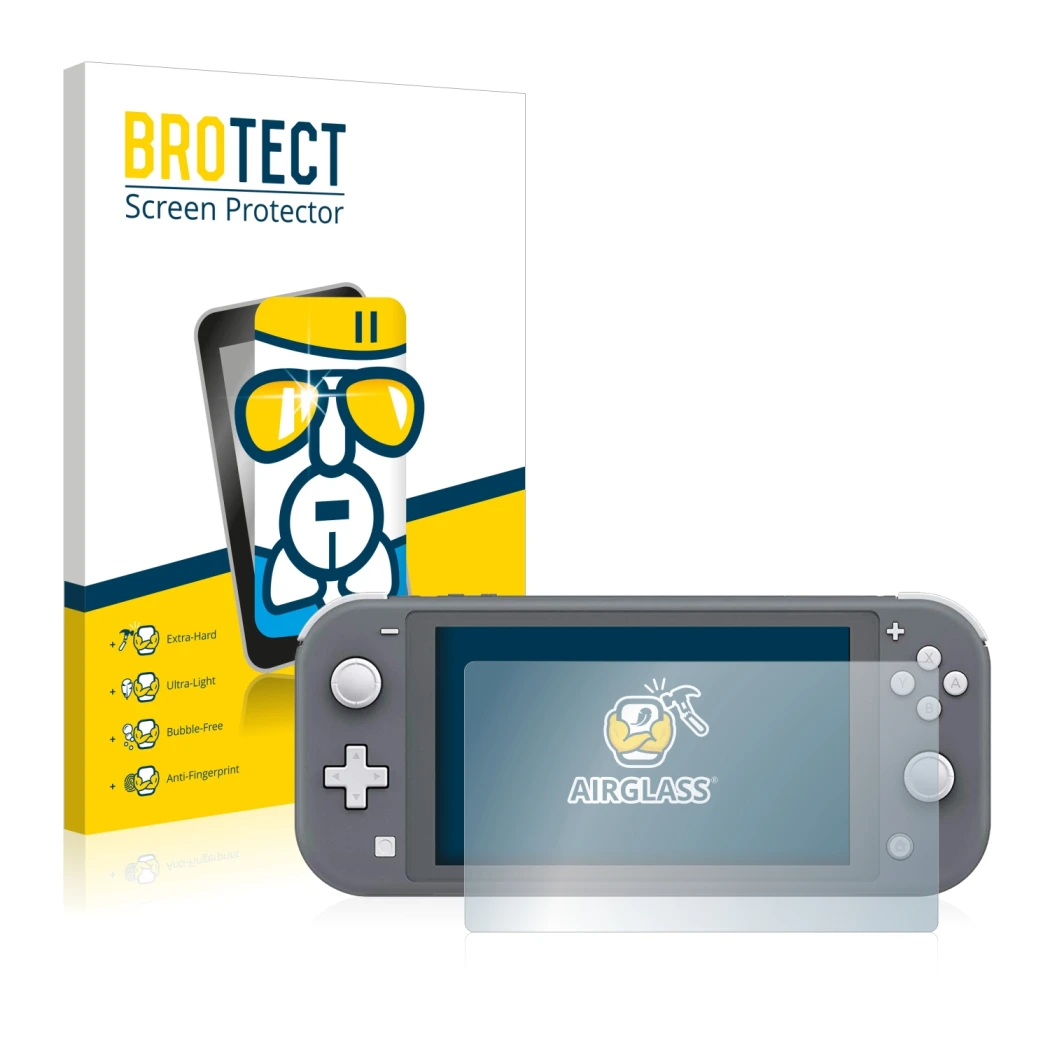 Front side of a product packaging with the brand logo BROTECT. Next to it is the device Nintendo Switch Lite shown with the co