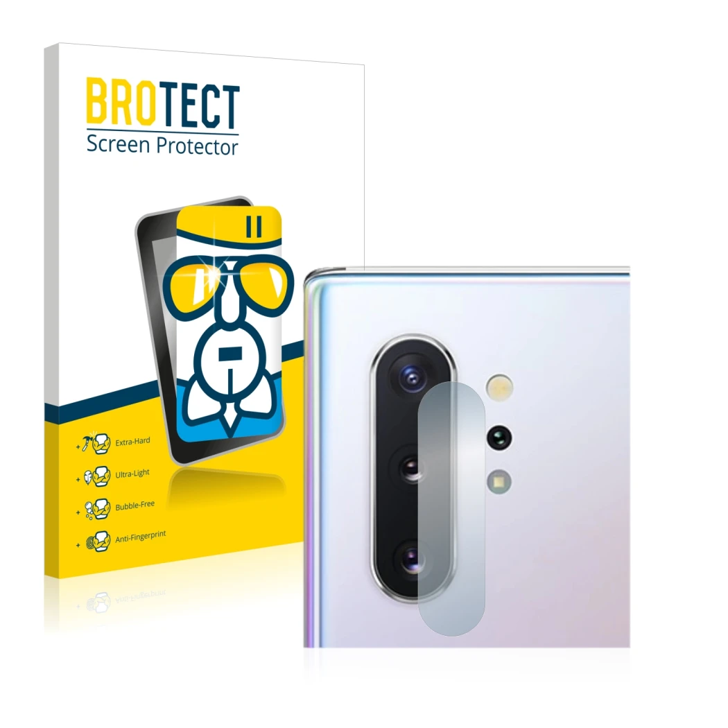 Front side of a product packaging with the brand logo BROTECT. Next to it is the device Samsung Galaxy Note 10 Plus (ONLY Came