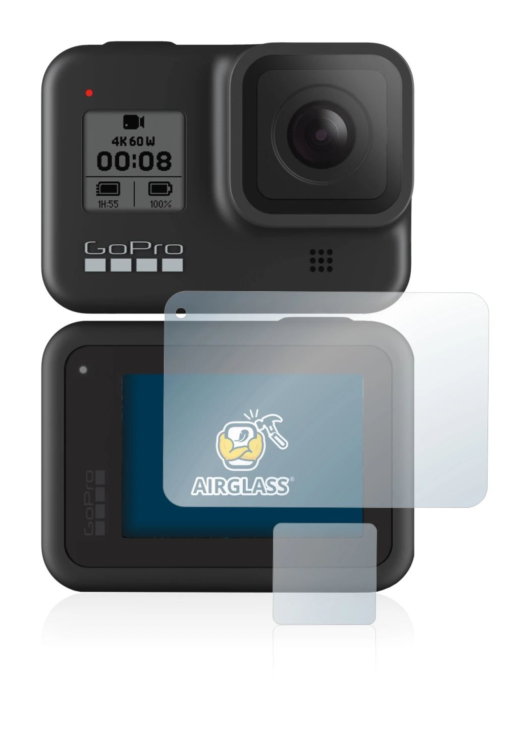 Image of the device GoPro Hero 8 Black with a wide variety of screen protectors.