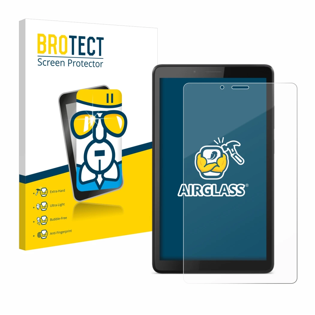 Front side of a product packaging with the brand logo BROTECT. Next to it is the device Lenovo Tab M7 shown with the correspon