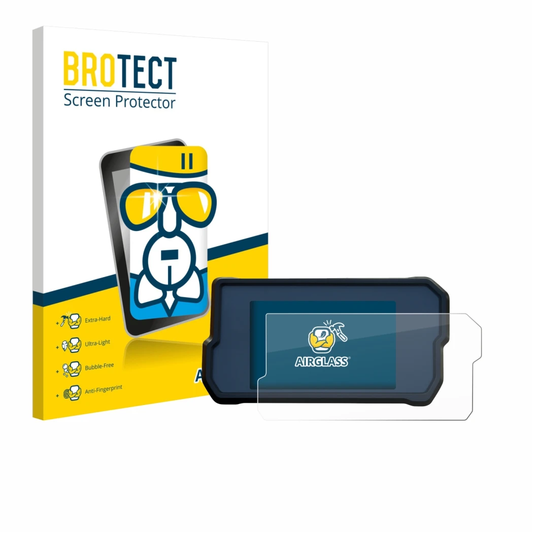 Front side of a product packaging with the brand logo BROTECT. Next to it is the device KTM 790 Adventure 2019+ shown with the