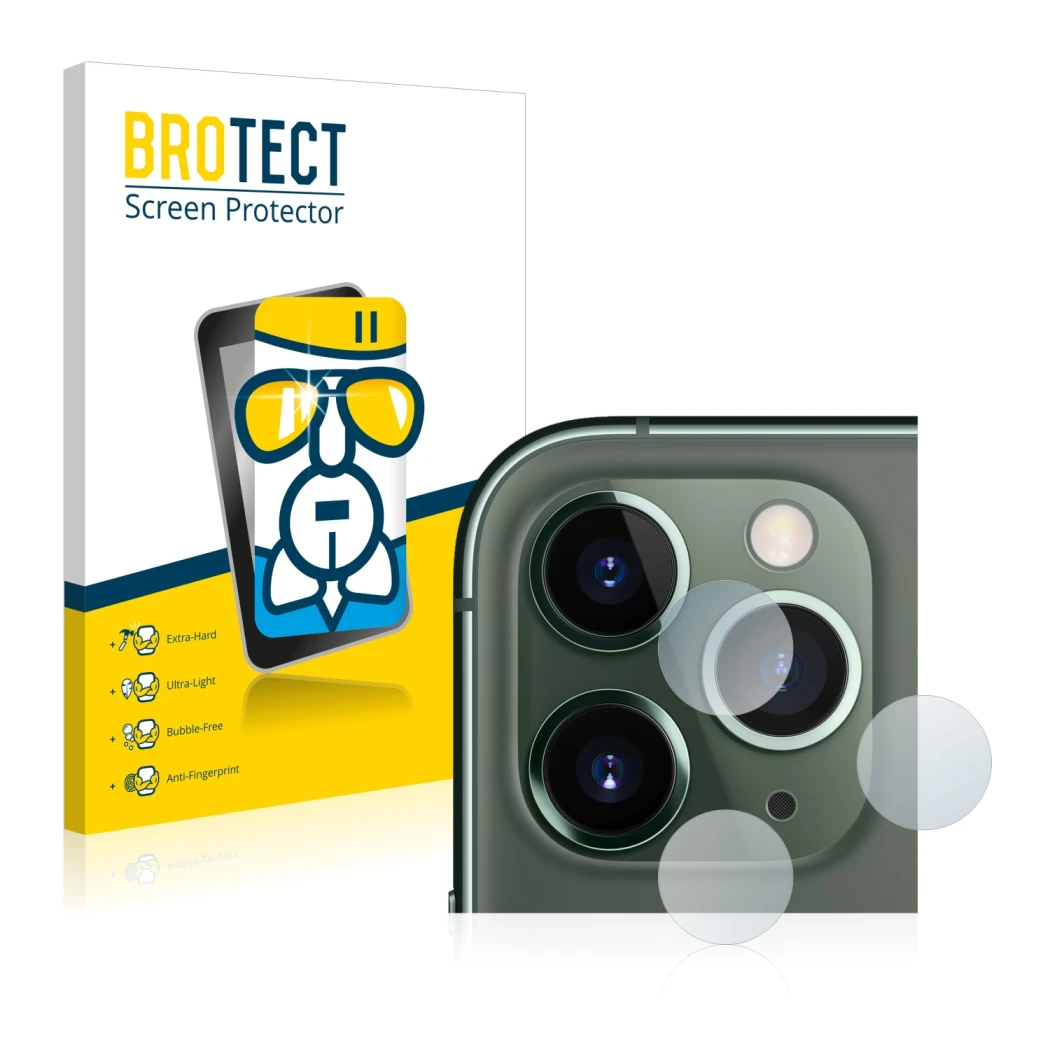 Front side of a product packaging with the brand logo BROTECT. Next to it is the device Apple iPhone 11 Pro Max (ONLY Camera L