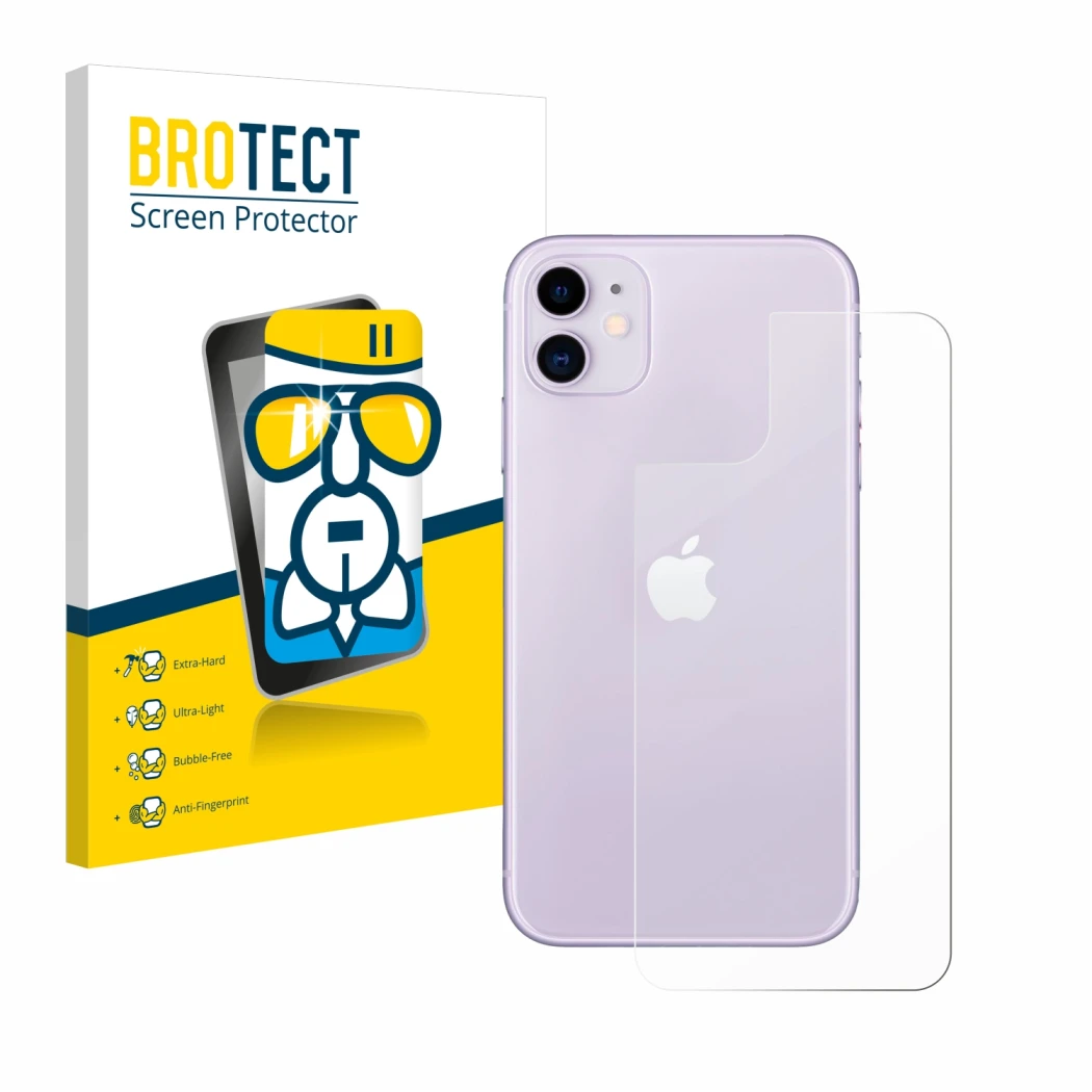 Front side of a product packaging with the brand logo BROTECT. Next to it is the device Apple iPhone 11 (Back) shown with the