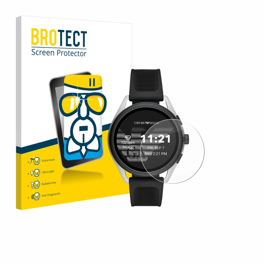 Front side of a product packaging with the brand logo BROTECT. Next to it is the device Emporio Armani Connected Smartwatch 3