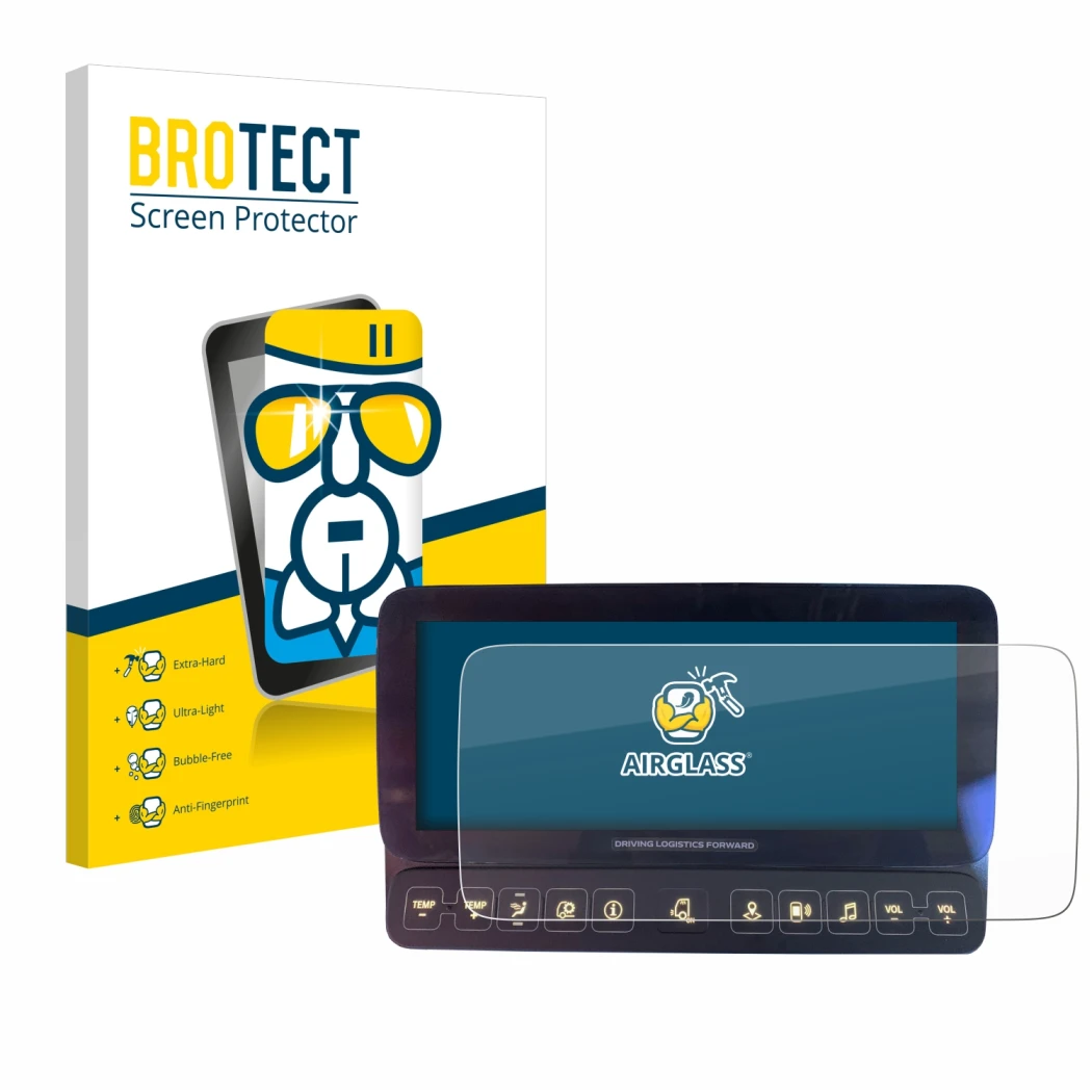 Front side of a product packaging with the brand logo BROTECT. Next to it is the device Mercedes-Benz Actros 2019 Touch-Displa