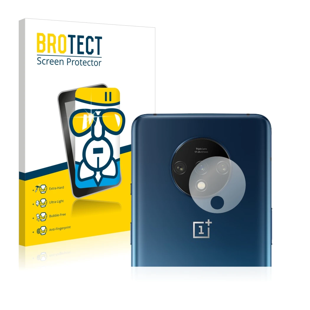 Front side of a product packaging with the brand logo BROTECT. Next to it is the device OnePlus 7T (ONLY Camera Lens) shown wi