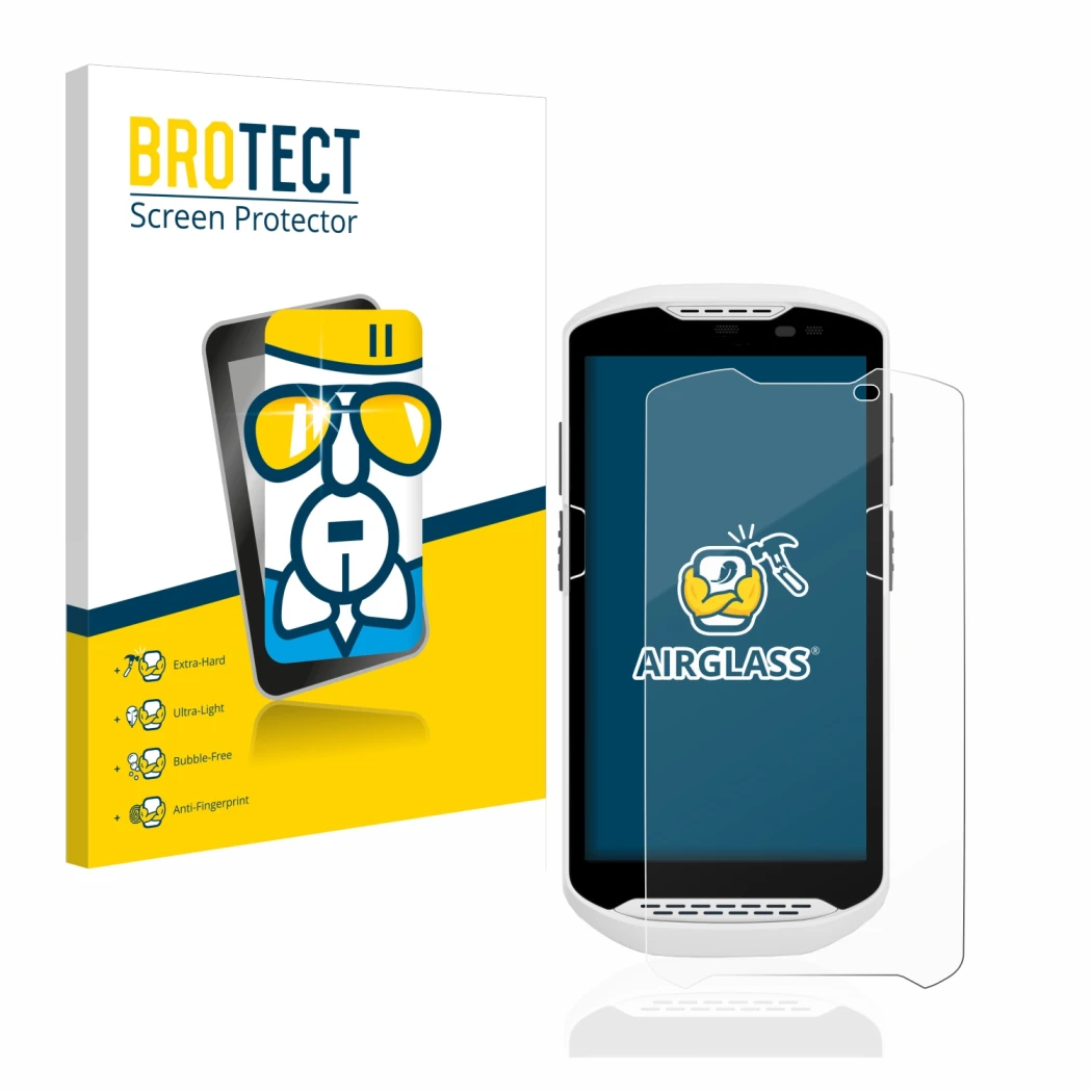 Front side of a product packaging with the brand logo BROTECT. Next to it is the device Zebra TC57 shown with the correspondin