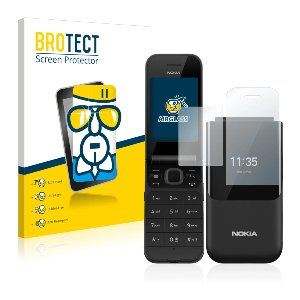 Front side of a product packaging with the brand logo BROTECT. Next to it is the device Nokia 2720 Flip shown with the corresp
