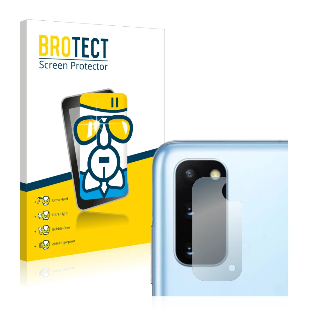 Front side of a product packaging with the brand logo BROTECT. Next to it is the device Samsung Galaxy S20 (ONLY Camera Lens) 