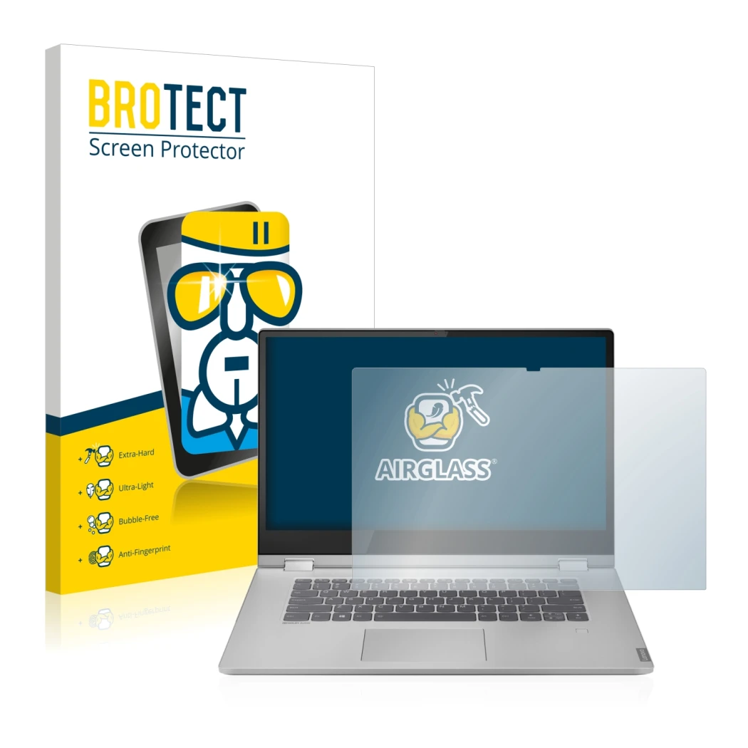 Front side of a product packaging with the brand logo BROTECT. Next to it is the device Lenovo IdeaPad C340 15