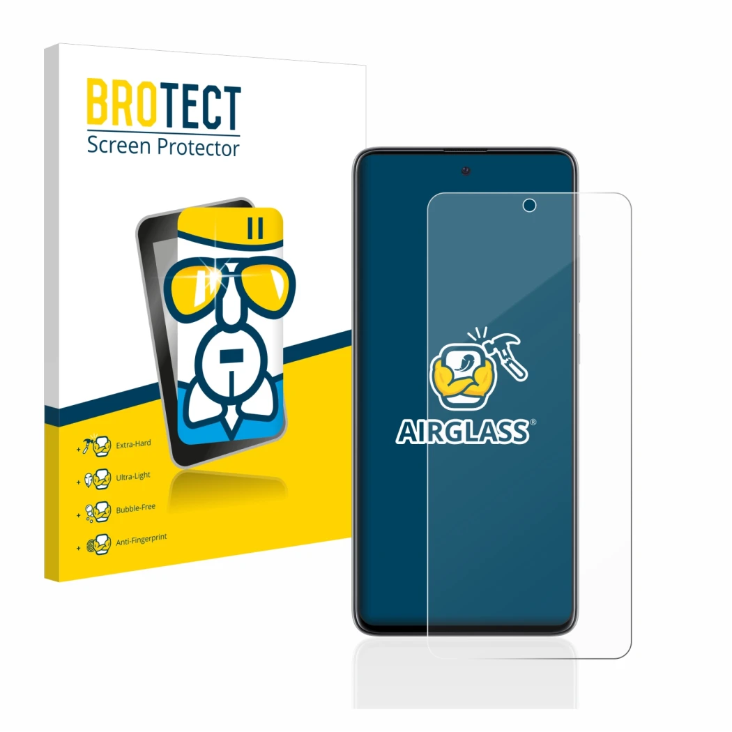 Front side of a product packaging with the brand logo BROTECT. Next to it is the device Samsung Galaxy A51 shown with the corr