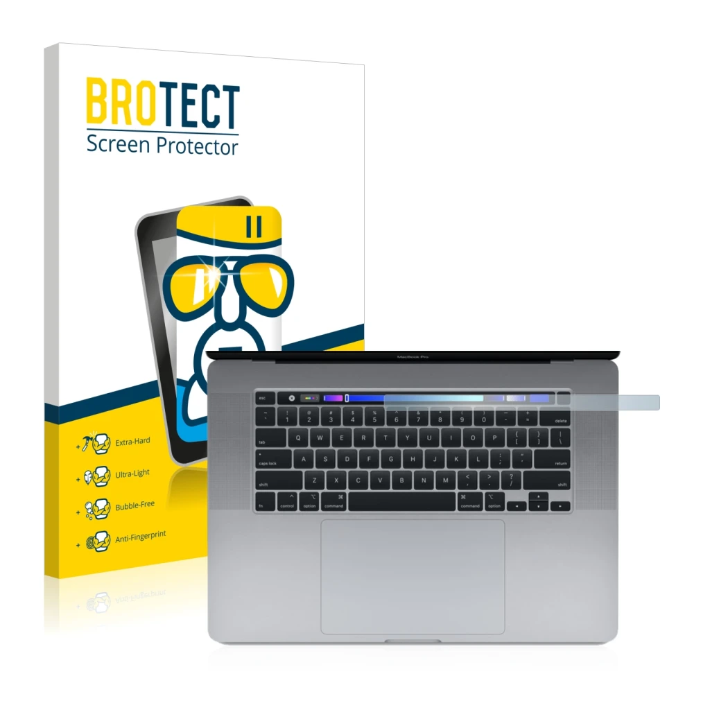 Front side of a product packaging with the brand logo BROTECT. Next to it is the device Apple MacBook Pro 16