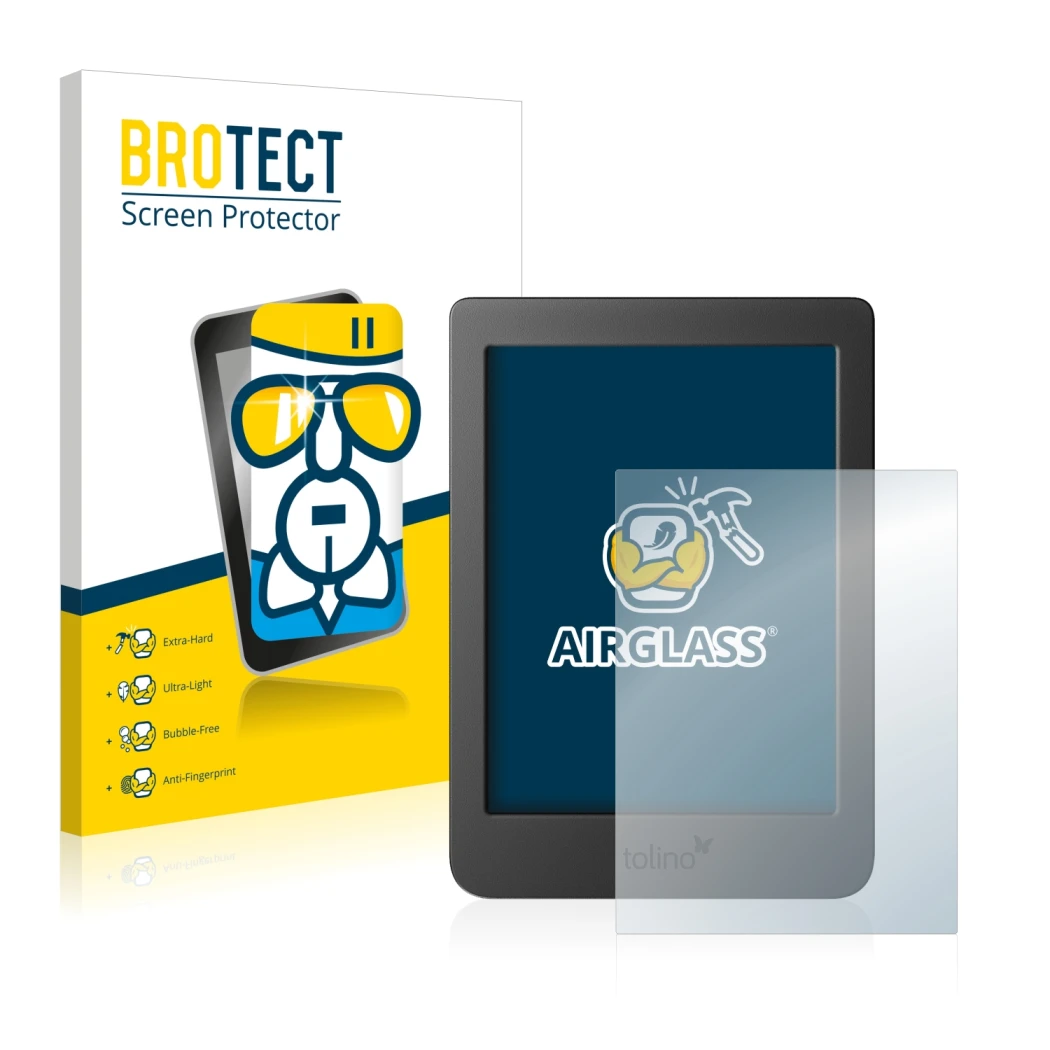 Front side of a product packaging with the brand logo BROTECT. Next to it is the device Tolino Page 2 shown with the correspon