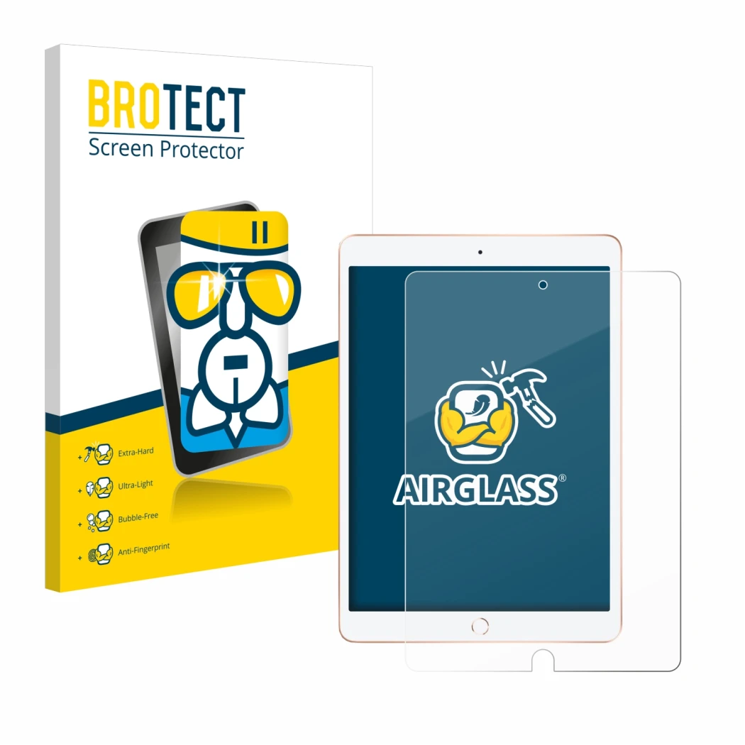 Front side of a product packaging with the brand logo BROTECT. Next to it is the device Apple iPad 10.2