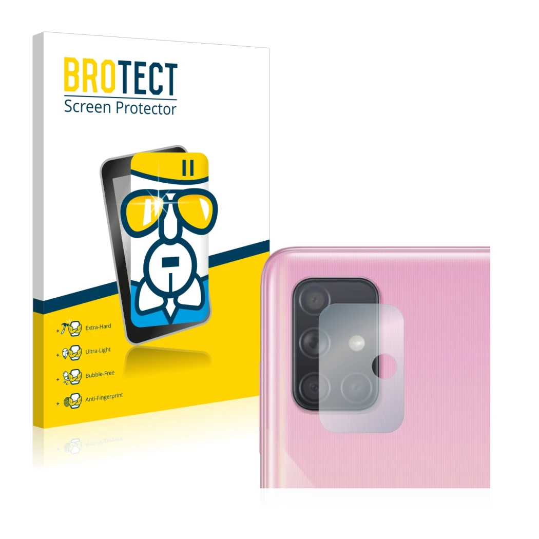 Front side of a product packaging with the brand logo BROTECT. Next to it is the device Samsung Galaxy A51 (ONLY Camera Lens) 