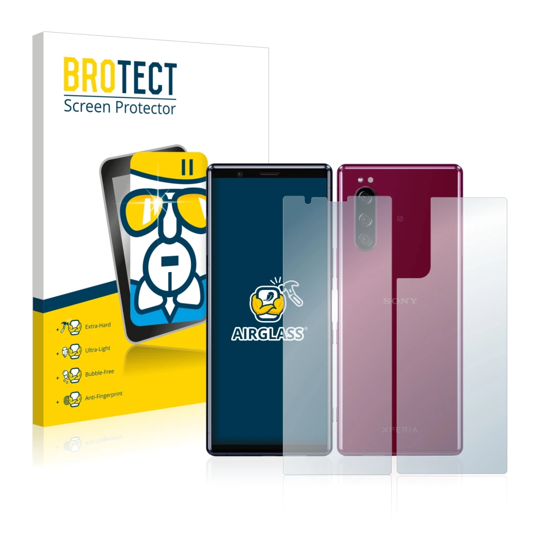 Front side of a product packaging with the brand logo BROTECT. Next to it is the device Sony Xperia 5 (Front+Back) shown with