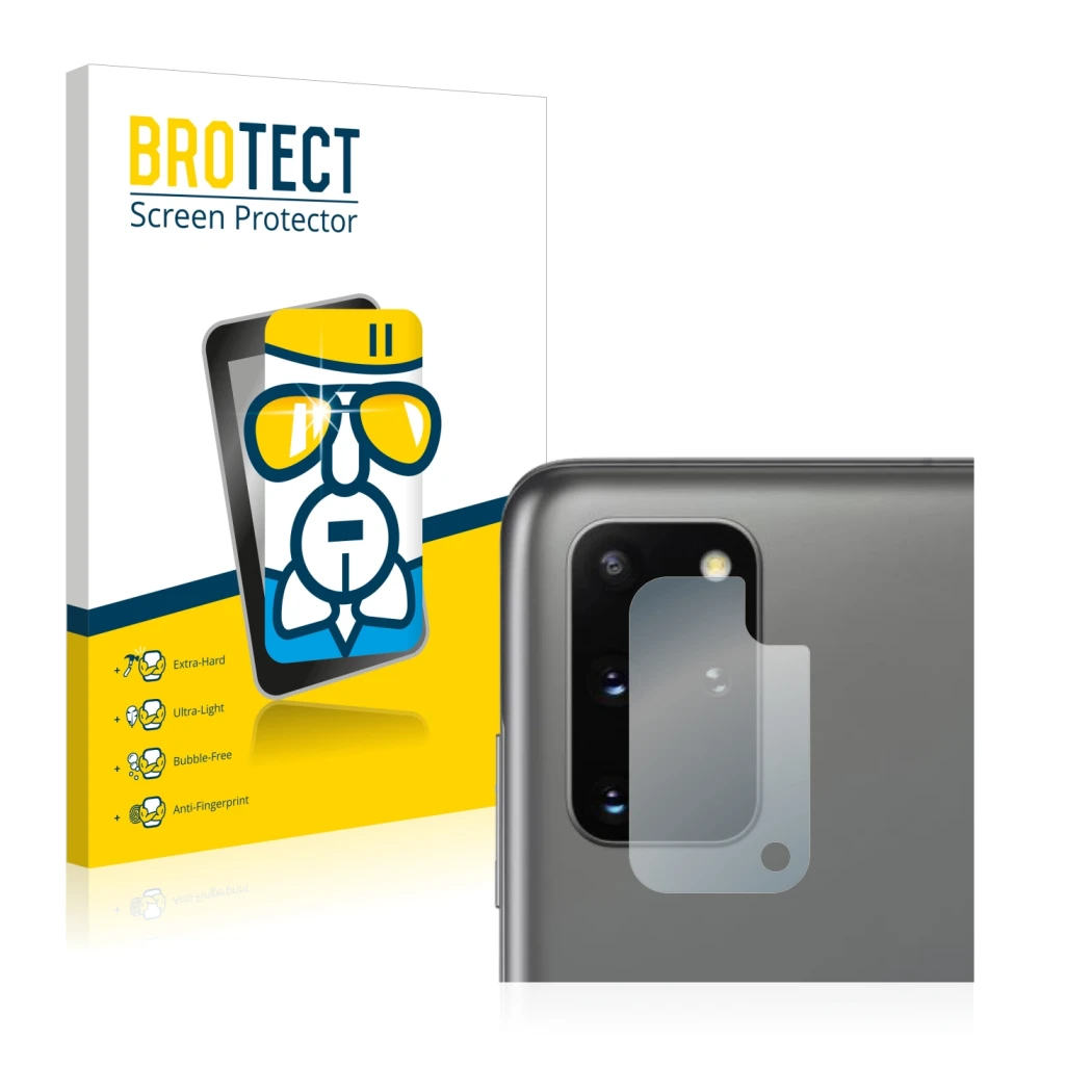 Front side of a product packaging with the brand logo BROTECT. Next to it is the device Samsung Galaxy S20 Plus (ONLY Camera L