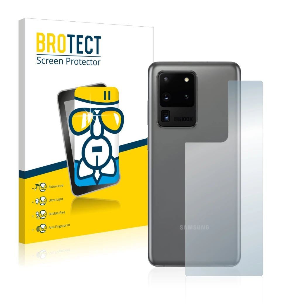 Front side of a product packaging with the brand logo BROTECT. Next to it is the device Samsung Galaxy S20 Ultra (Back) shown 