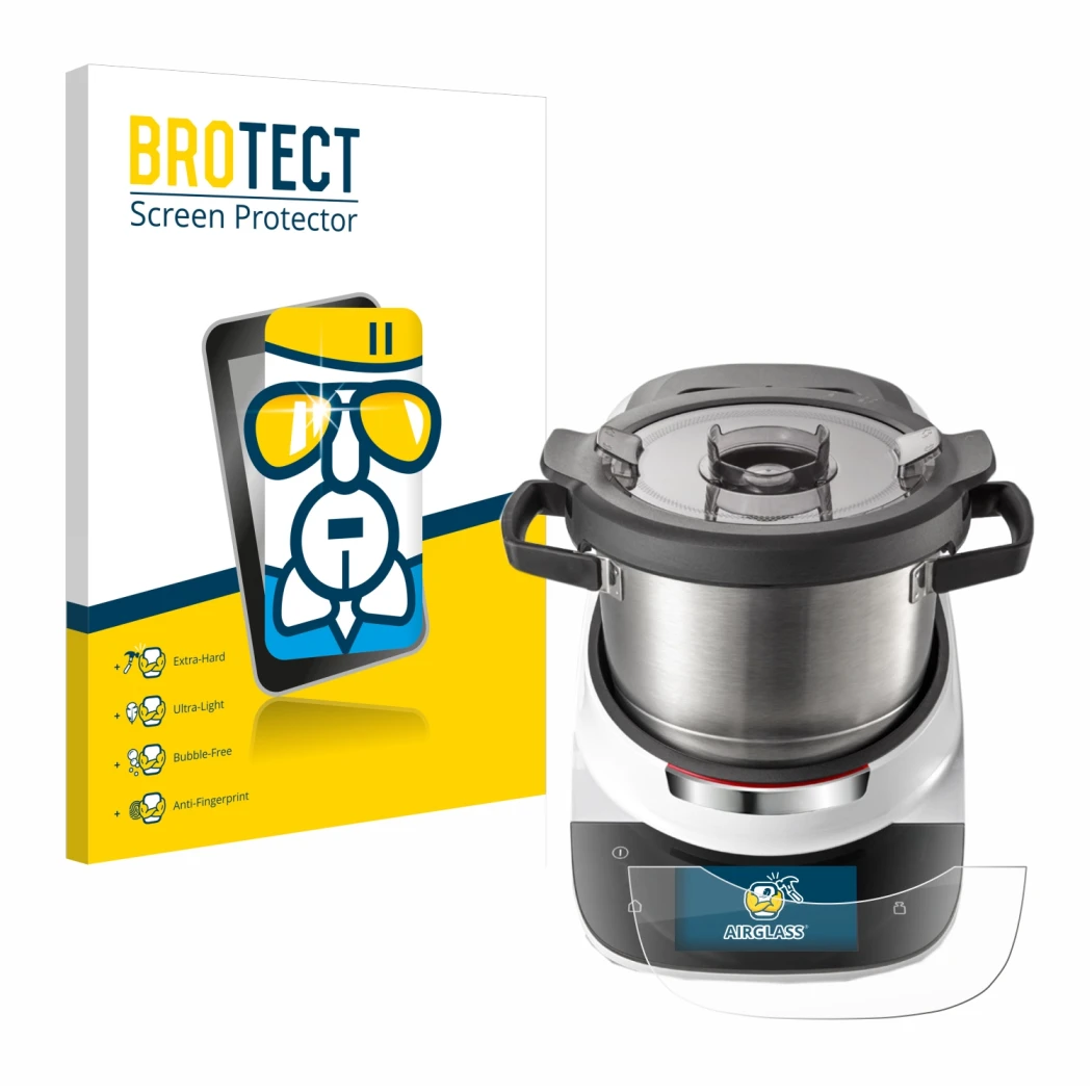 Front side of a product packaging with the brand logo BROTECT. Next to it is the device Bosch Cookit shown with the correspond