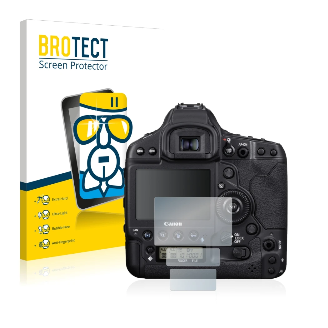 Front side of a product packaging with the brand logo BROTECT. Next to it is the device Canon EOS 1D X Mark III shown with the