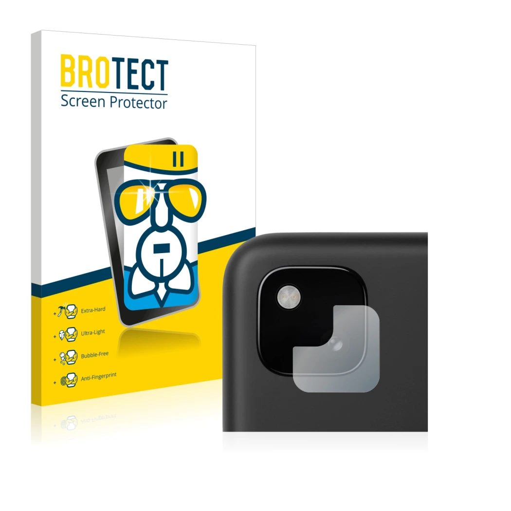 Front side of a product packaging with the brand logo BROTECT. Next to it is the device Google Pixel 4a (ONLY Camera Lens) sho