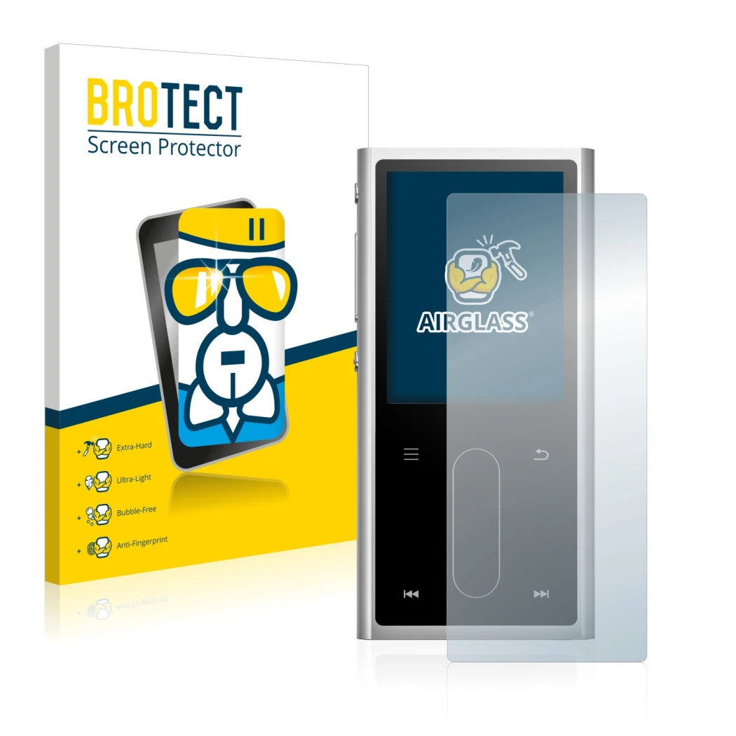 Front side of a product packaging with the brand logo BROTECT. Next to it is the device FiiO M3K shown with the corresponding 