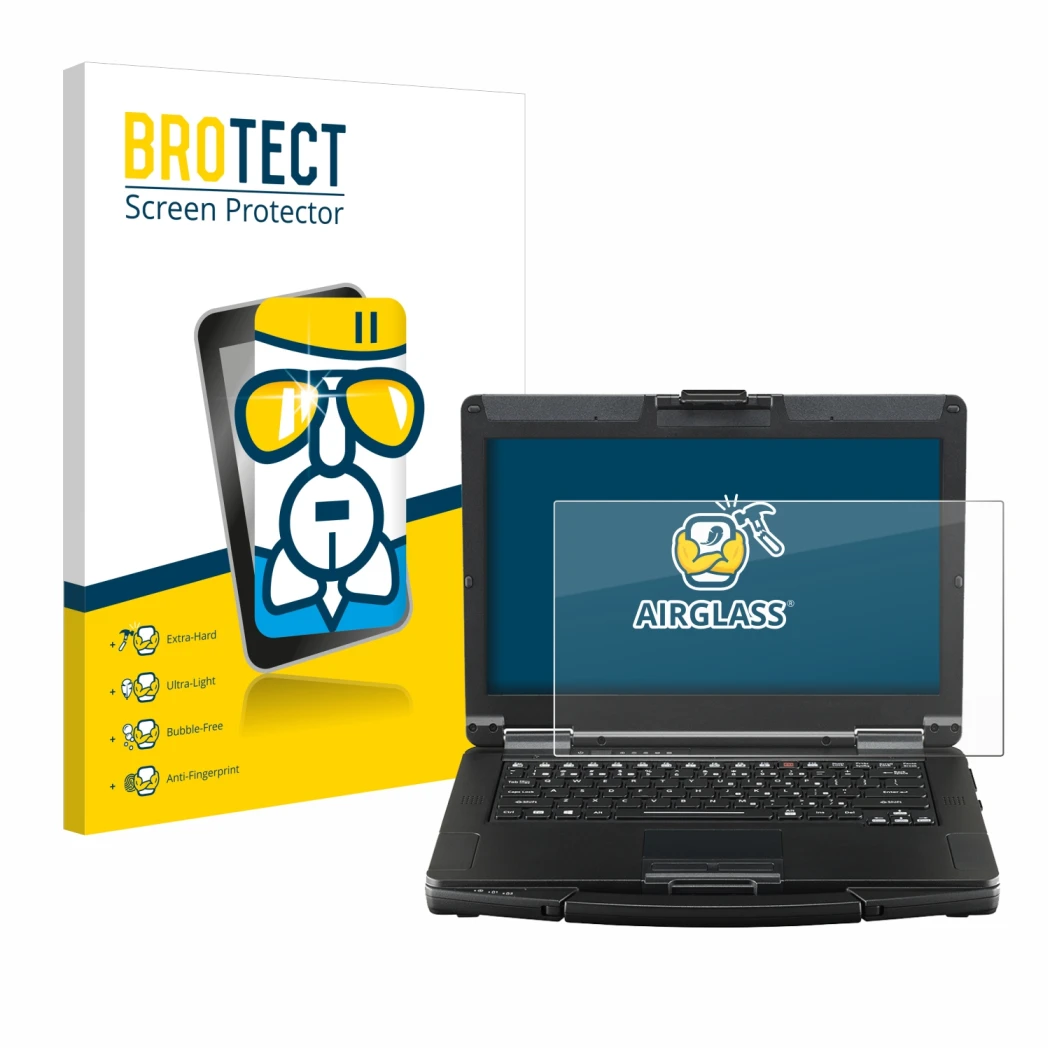 Front side of a product packaging with the brand logo BROTECT. Next to it is the device Panasonic Toughbook FZ-55 Touch shown 