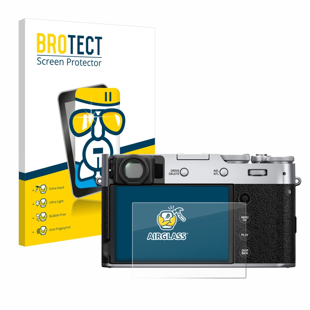 Front side of a product packaging with the brand logo BROTECT. Next to it is the device Fujifilm X100V shown with the correspo