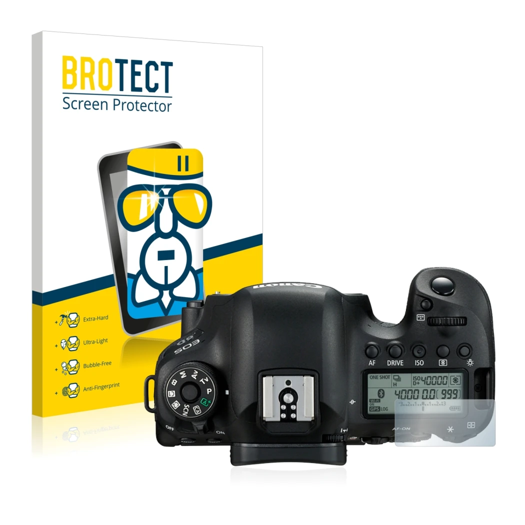 Front side of a product packaging with the brand logo BROTECT. Next to it is the device Canon EOS 6D (top plate display) shown