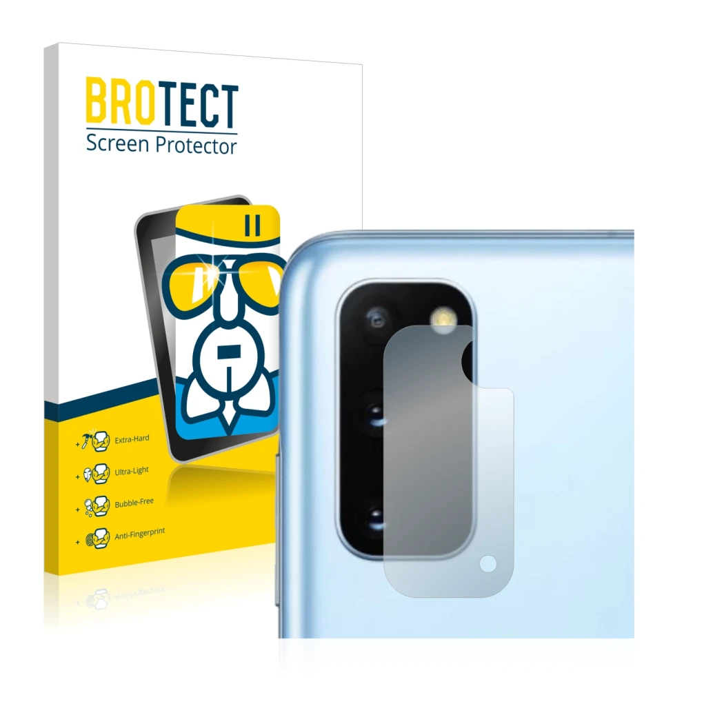 Front side of a product packaging with the brand logo BROTECT. Next to it is the device Samsung Galaxy S20 5G (ONLY Camera Len