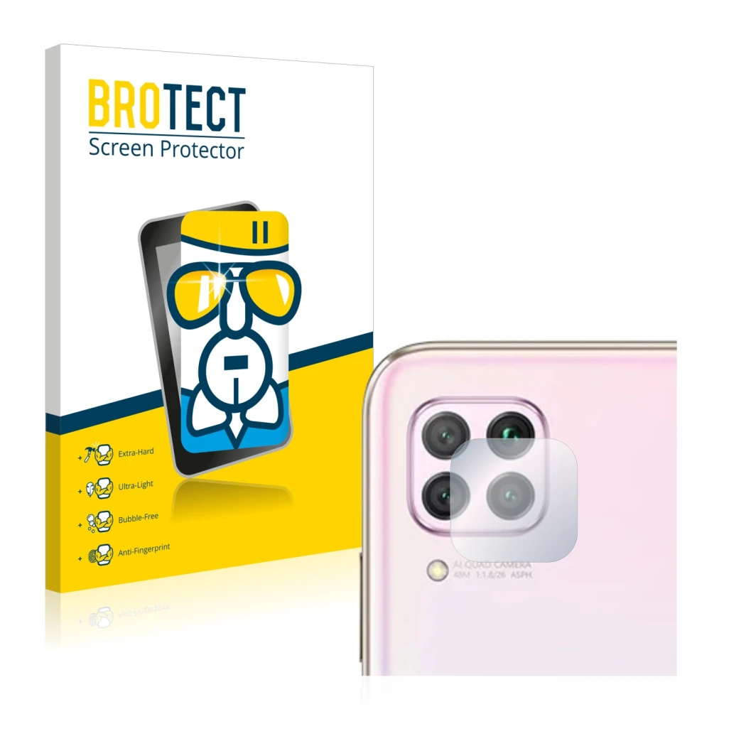 Front side of a product packaging with the brand logo BROTECT. Next to it is the device Huawei P40 lite (ONLY Camera Lens) sho