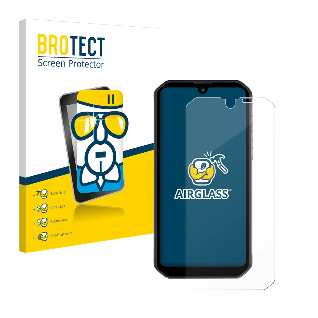 Front side of a product packaging with the brand logo BROTECT. Next to it is the device Blackview BV9900 Pro shown with the co