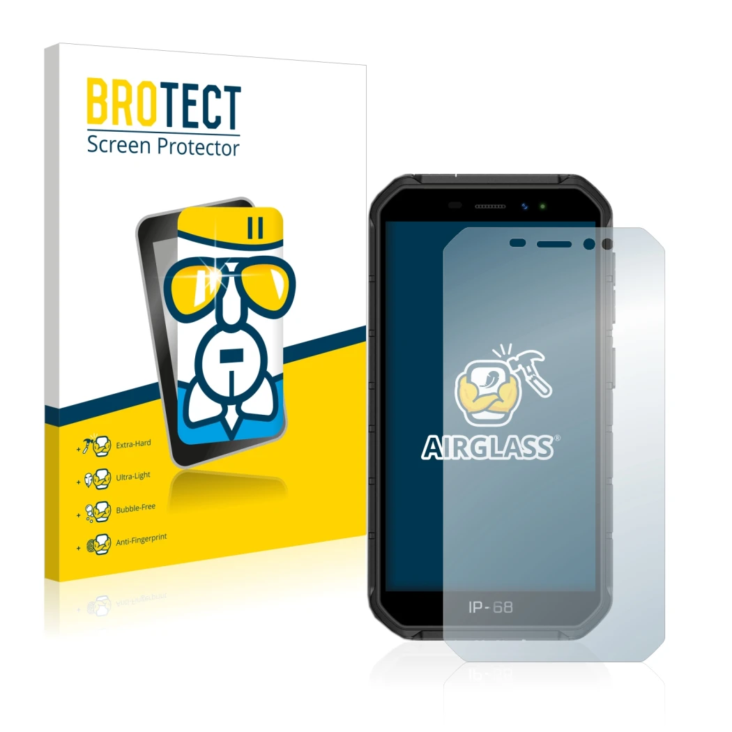 Front side of a product packaging with the brand logo BROTECT. Next to it is the device Ulefone Armor X7 shown with the corres