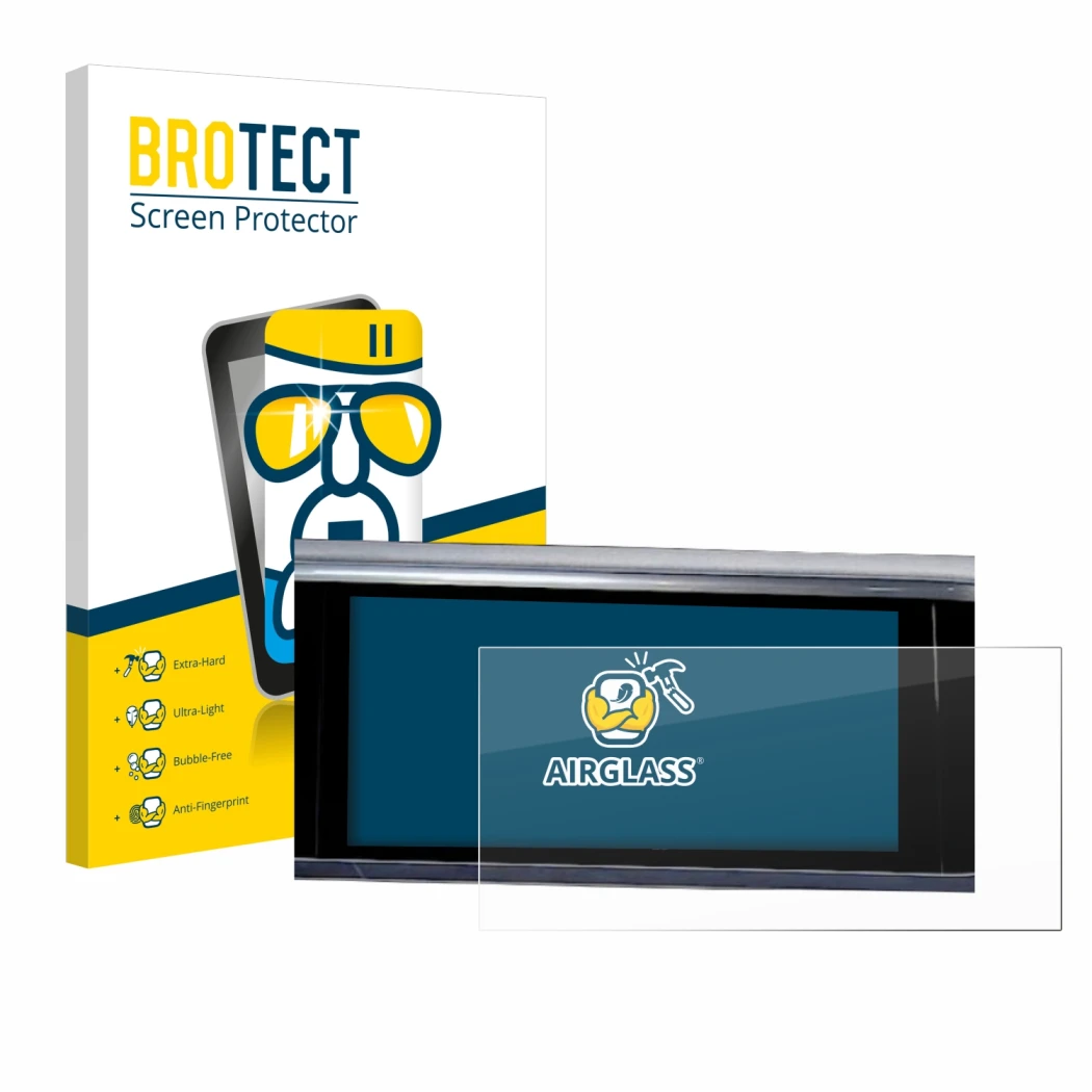 Front side of a product packaging with the brand logo BROTECT. Next to it is the device Audi A6 2018 MMI Navigation Plus 10.1