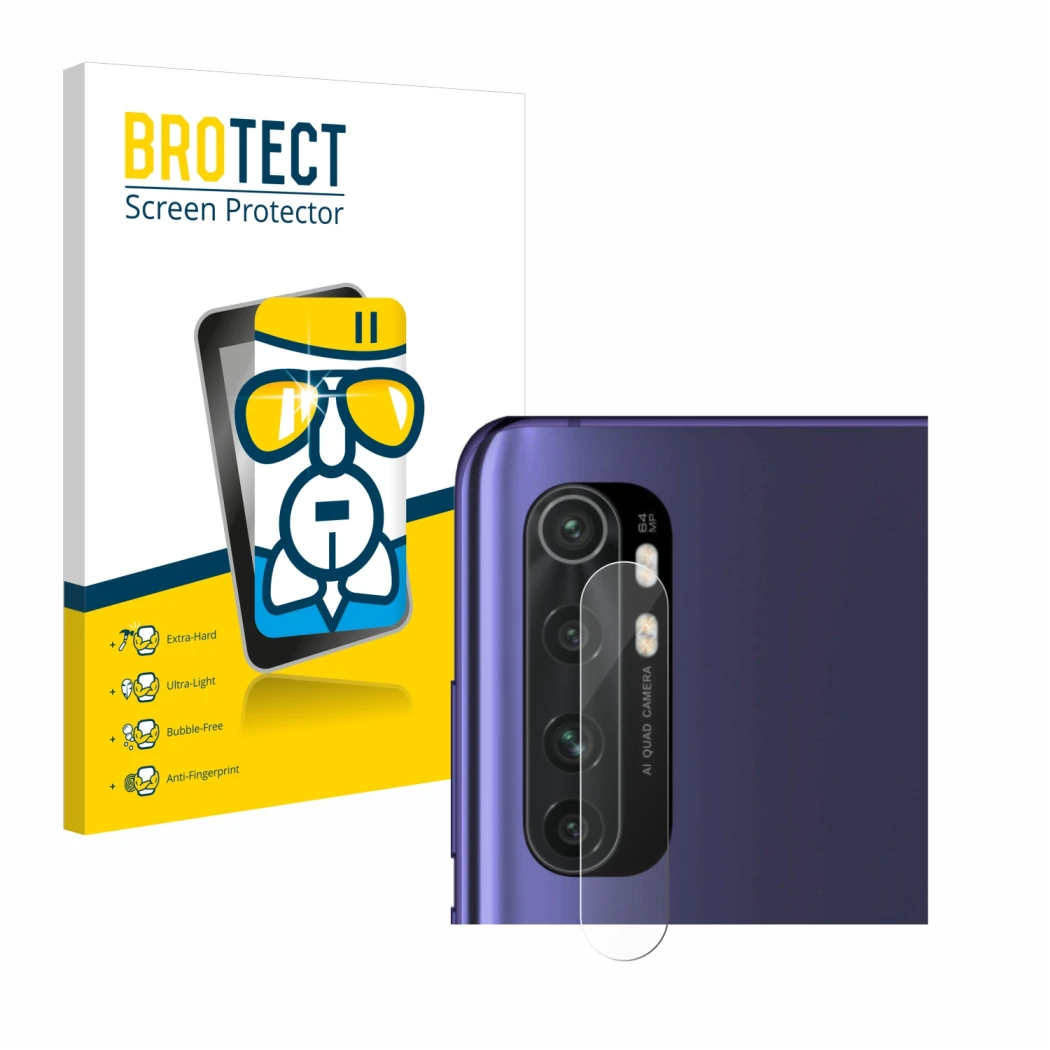 Front side of a product packaging with the brand logo BROTECT. Next to it is the device Xiaomi Mi Note 10 Lite (ONLY Camera Le