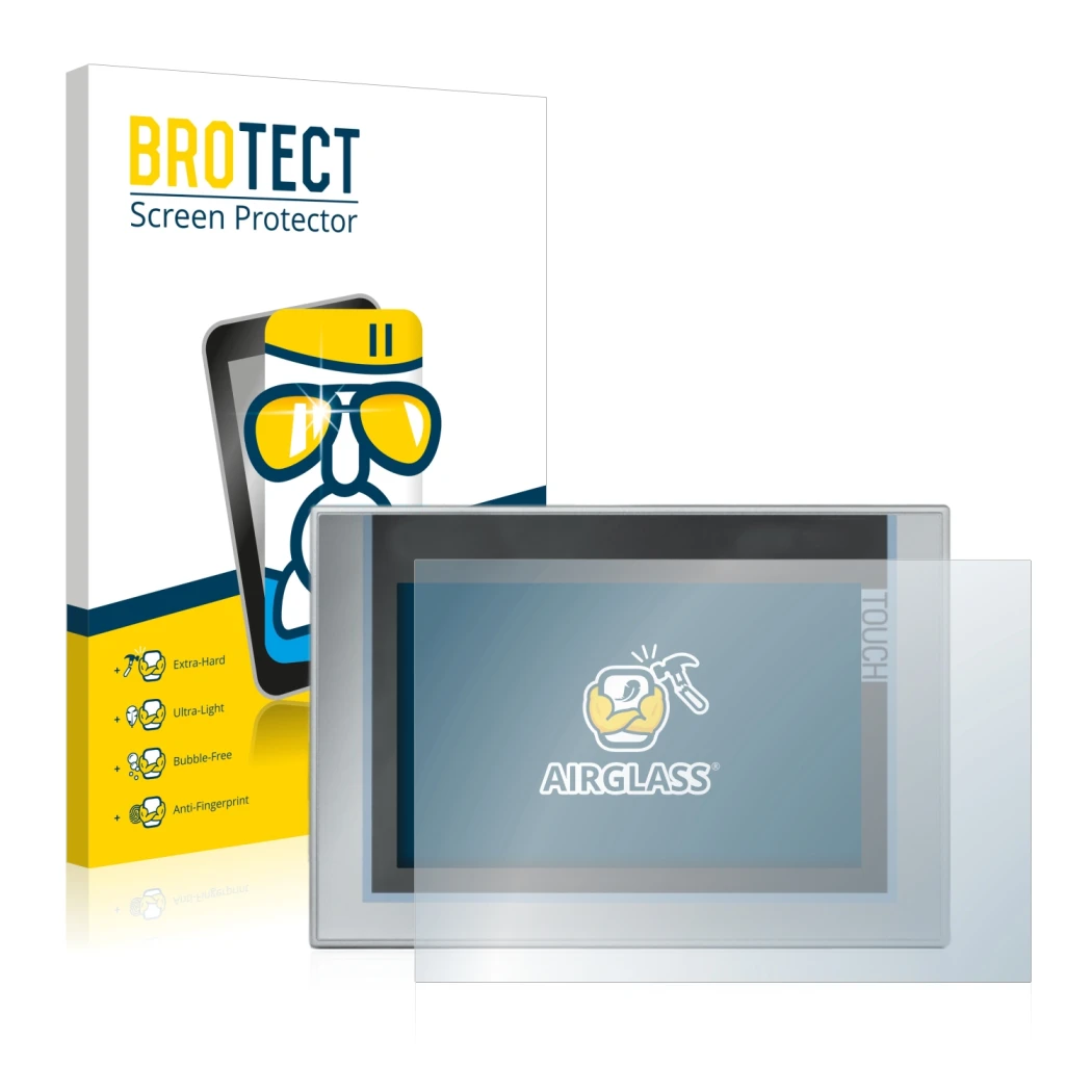 Front side of a product packaging with the brand logo BROTECT. Next to it is the device Siemens Simatic TP1200 Comfort shown w