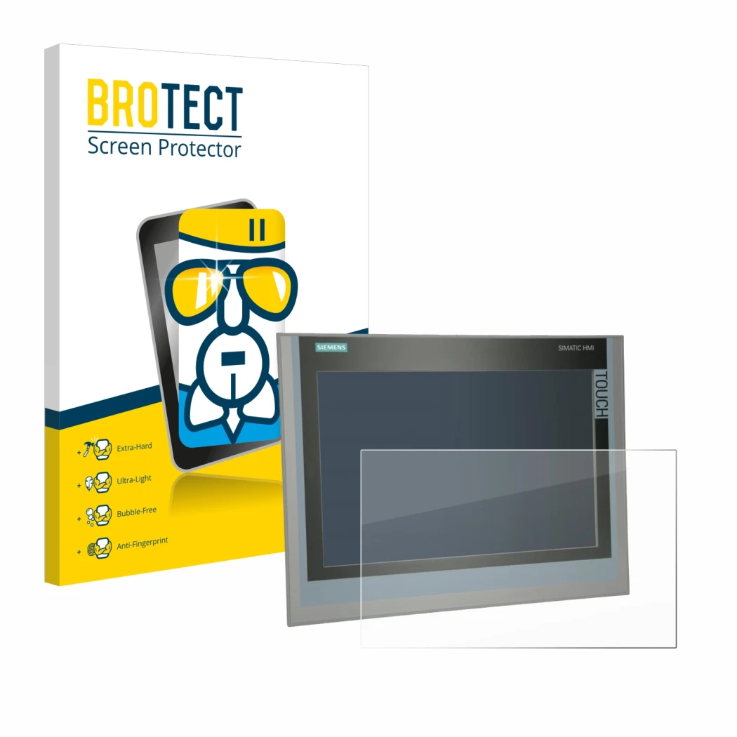 Front side of a product packaging with the brand logo BROTECT. Next to it is the device Siemens Simatic HMI TP 1500 Comfort sh